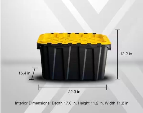 12 Gal. Tough Storage Flip Top Tote in Black with Yellow Lid High-Grade Resin Stackable Lockable