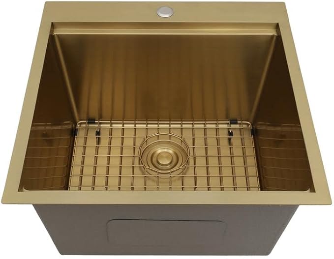 STARSTAR Workstation Ledge Topmount/Drop-in Single Bowl Satin Matte 304 Stainless Steel Kitchen/Yard/Bar/Laundry/Office Sink With Grid Colander Cutting Board Strainer (22x22x12 Gold)