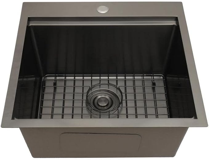 STARSTAR Workstation Ledge Topmount/Drop-in Single Bowl Satin Matte Stainless Steel Kitchen/Yard/Bar/Laundry/Office Sink With Grid Colander Cutting Board Strainer (22x22x12 Black)