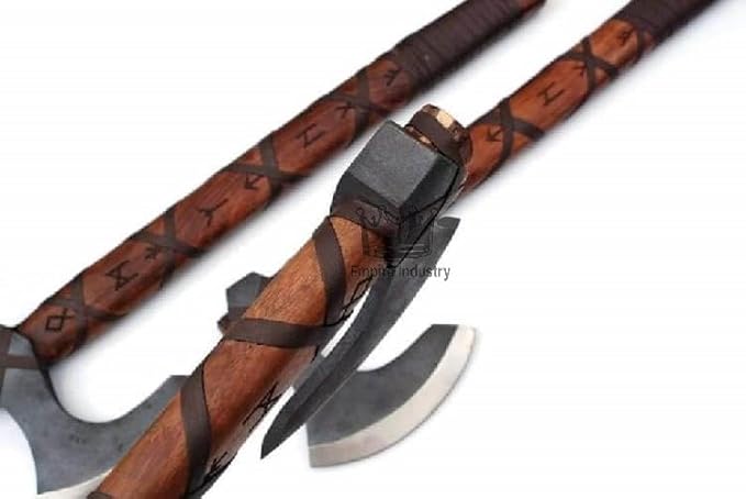 Set of 3 Handmade High Carbon Steel Hunting Axe - Viking Axe - Valhalla Axe with Sheath - Viking Hatchet - Hand Engraved Runes - Hardened Blade - Sword Shop by Empire Industry
