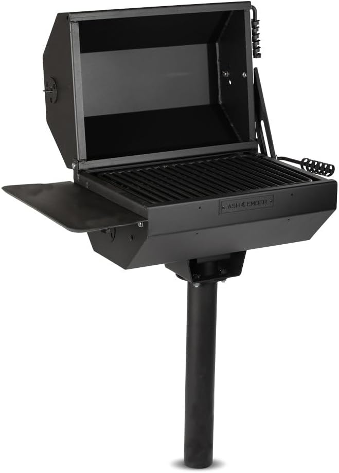Ash &amp Ember Park-Style Grill &amp Smoker 390 Sq. In Charcoal Grill with Cover Side Shelf for BBQ Cooking Prep &amp Accessories Single Post Barbeque Grill Outdoor Grills &amp Smokers