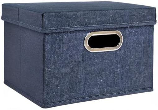 Household Essentials Collapsible Cotton Blend Storage Box with Lid and Metal Grommet Handle Set of 2 Denim