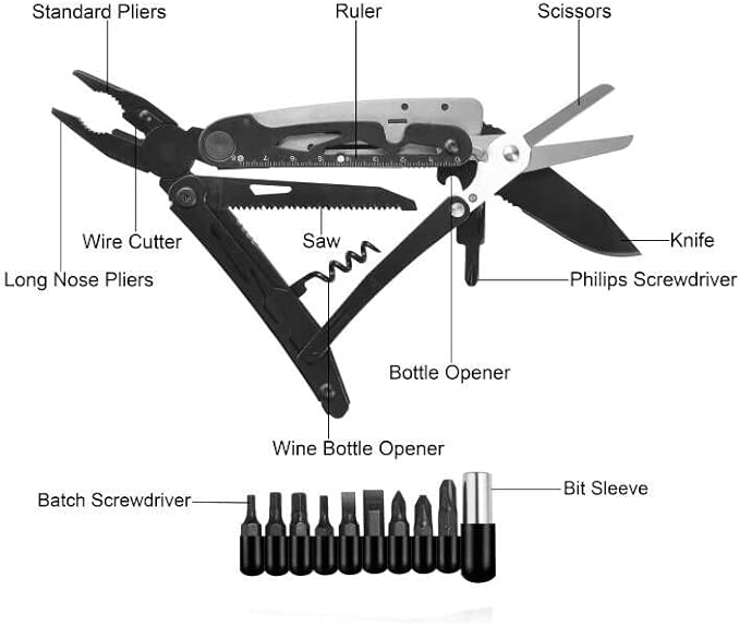 RoverTac 18-in-1 Multitool Pocket Knife with Pliers Saw Corkscrew &amp Detachable Scissors Multi Tool with Safety Lock 9 Screwdriver Bits Camping Gear Gifts for Men