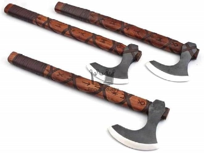 Set of 3 Handmade High Carbon Steel Hunting Axe - Viking Axe - Valhalla Axe with Sheath - Viking Hatchet - Hand Engraved Runes - Hardened Blade - Sword Shop by Empire Industry