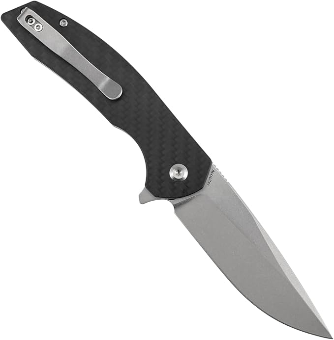 KANSEPT Accipiter Pocket Knife 3.53 Stonewashed 14C28N Blade Twill Carbon FIber Handle Flipper Open &amp Button Lock with Deep Clip EDC Folding Knives for Camping Hunting Survival T1007F2