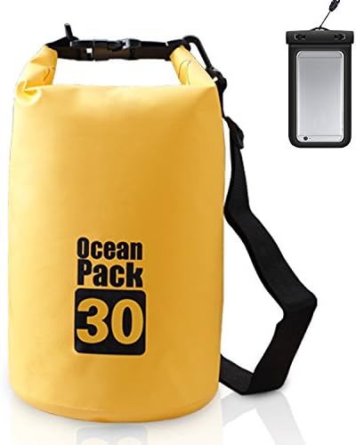 JIAN YA NA Waterproof Dry Bags Roll Top Dry Compression Sack Keeps Gear Dry Bags with Adjustable Strap for Outdoor Kayaking Beach Rafting BoatingBonus Waterproof Phone Case (Yellow 30L)