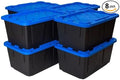 Tough 27 Gallon Plastic Storage Bin with Snap Lid Stackable Lockable Set of 8 Heavy-Duty Durable Multi-Purpose Storage Containers for Indoor &amp Outdoor Use (Blue and Black)