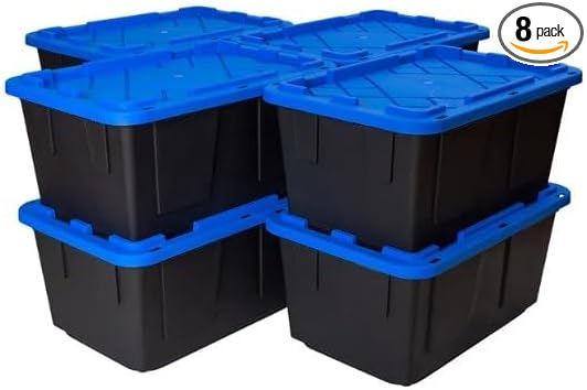 Tough 27 Gallon Plastic Storage Bin with Snap Lid Stackable Lockable Set of 8 Heavy-Duty Durable Multi-Purpose Storage Containers for Indoor &amp Outdoor Use (Blue and Black)