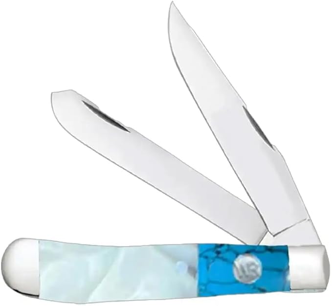 WHISKEY BENT HAT CO. Traditional Trapper Folding Pocket Knife 4.125 Closed Length 440C Stainless Steel Blades (Pearl Agate)
