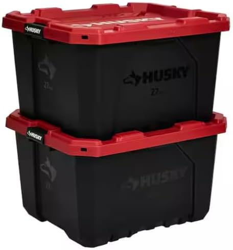 *Husky* 27 Gallon Pro Grip Storage Tote Heavy Duty Container with Red Lid and Black Base Stackable Utility Box