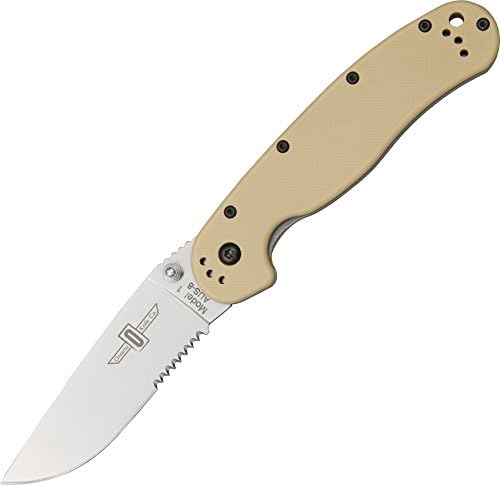 Ontario Knife Company Rat I Satin AUS-8 Stainless Steel Half Serrated Folding Pocket Knife Desert Tan Nylon Handle Liner Lock Knife Everyday Carry Knife – ON8849DT