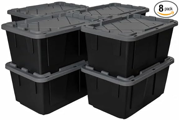 Tough 27 Gallon Plastic Storage Bin with Snap Lid Stackable Lockable Set of 8 Heavy-Duty Durable Multi-Purpose Storage Containers for Indoor &amp Outdoor Use (Gray and Black)