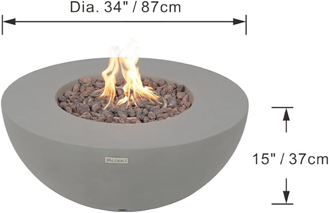 Roca Fire Table Outdoor Fire Pit 34 x 34 Cast Concrete Round Firepit Includes Lava Rocks 45000 BTUs Outdoor Fireplace for Patio Furniture Set Deck Porch Outdoor Heater - Natural Gas