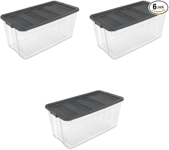 Clear Plastic Storage Container Set 200 Quart Stackable Bins with Dark Gray Latch Lids 3 Count