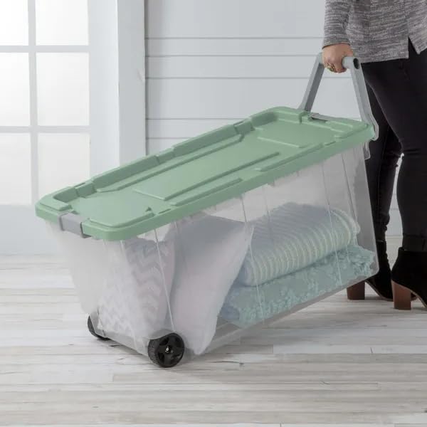 4-Pack Industrial Tote Heavy-Duty Clear Storage Bins w/Sage Green Lids and Wheels 40 Gallon - Stackable Organizing Containers for Home Garage Office and Basement