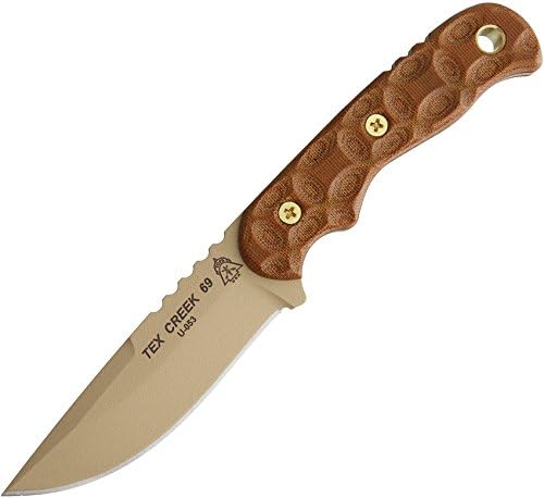 TOPS Knives Tex Creek 69 Full Tang Fixed Blade- Coyote Tan Coating Blade Finish- Brown Leather Sheath w/Belt Loop (Tan Canvas Micarta Handle)
