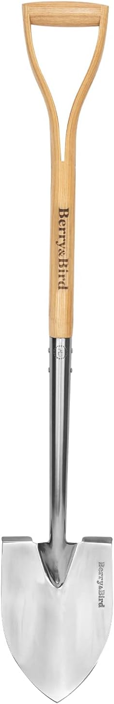 Berry&ampBird Round Point Gardening Shovel with Wood D-Handle 40.98 Stainless Steel Beach &amp Snow Shovel