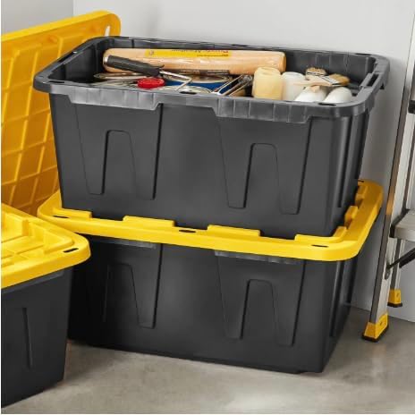 27 Gallon Heavy Duty Storage Tote with Lid Black and Yellow reusable made with heavy-duty recycled plastic