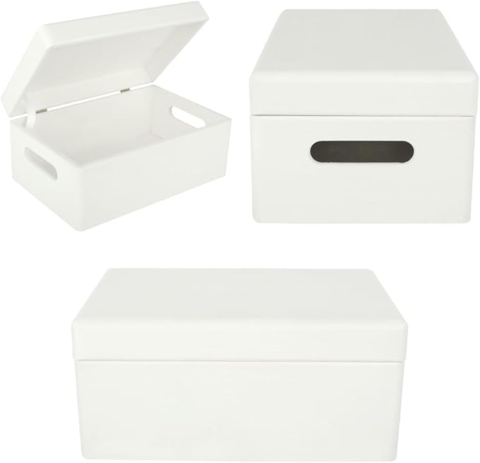 Creative Deco Large White Wooden Box Storage with Hinged Lid | 11.8x7.87x5.51in (+-0.5) | Keepsake with Handles | Gift Box for Tool Dog Toy Shoes Kitchen Storage | Wood Keepsake Chest Trunk