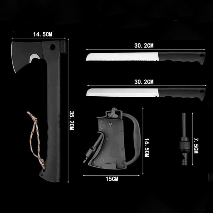Camping Axe 14 inch hatchet Outdoor Survival Challenge Hiking Tactical Axe Throwing Axe Multi-Function Rope Cutter Saw Hammer (Axe with saw) Black