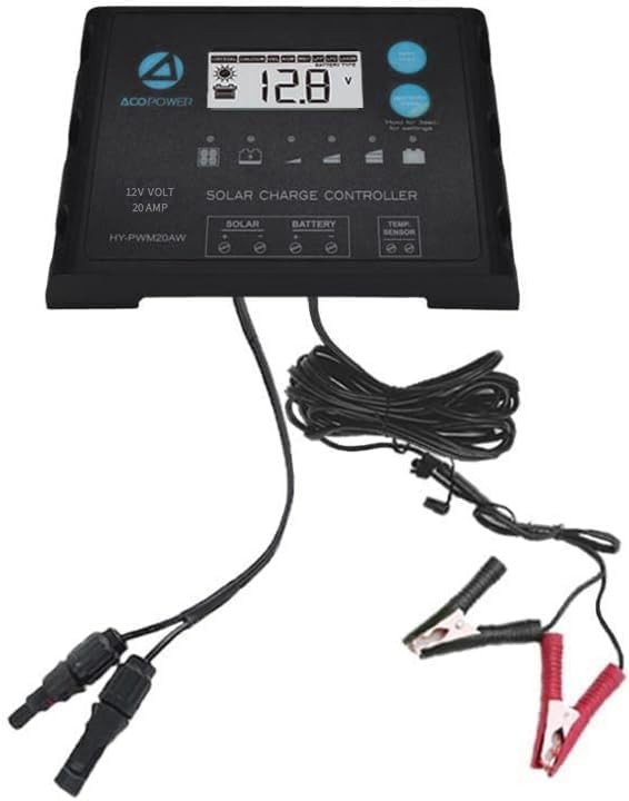 ACOPOWER ProteusX 20A 12V Waterproof Charge Controller with Alligator Clips and Solar Connectors