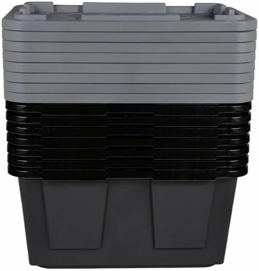 Tough 27 Gallon Plastic Storage Bin with Snap Lid Stackable Lockable Set of 8 Heavy-Duty Durable Multi-Purpose Storage Containers for Indoor &amp Outdoor Use (Gray and Black)