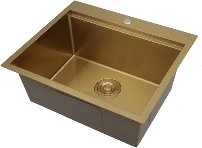 STARSTAR Workstation Ledge Topmount/Drop-in Single Bowl Satin Matte Stainless Steel Kitchen/Yard/Bar/Laundry/Office Sink With Grid Colander Cutting Board Strainer (25x22x10 Gold)