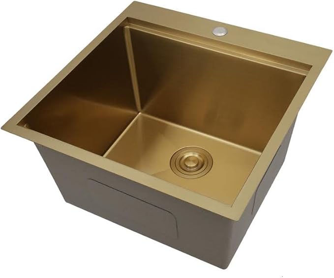 STARSTAR Workstation Ledge Topmount/Drop-in Single Bowl Satin Matte 304 Stainless Steel Kitchen/Yard/Bar/Laundry/Office Sink With Grid Colander Cutting Board Strainer (22x22x12 Gold)