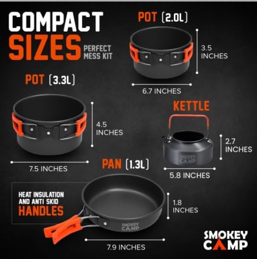 Smokey Camp Camping Cookware Mess Kit Set with Stove - Backpacking Camping Pots and Pans Set All in One Non-Stick Camping Cooking Set Portable Stove Hiking Picnic Outdoor &amp Camping Cookware S