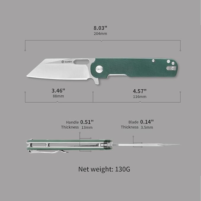 Ganzo G770-GR EDC Folding Pocket Knife Razor Sharp D2 Stainless Steel Blade G10 Handle with Clip Outdoor Foldable Not Automatic Knife Hunting Fishing Hiking Gear Best Gift for Men (Green)