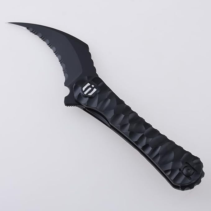 SHIELDON Scythe(XL) Folding Knife 154CM Steel Titanium Coating 2.92 Hawkbill Point Serrated Blade Pocket Knife with Black Non-Slippery PEI Handle and Reversible Wire Clip