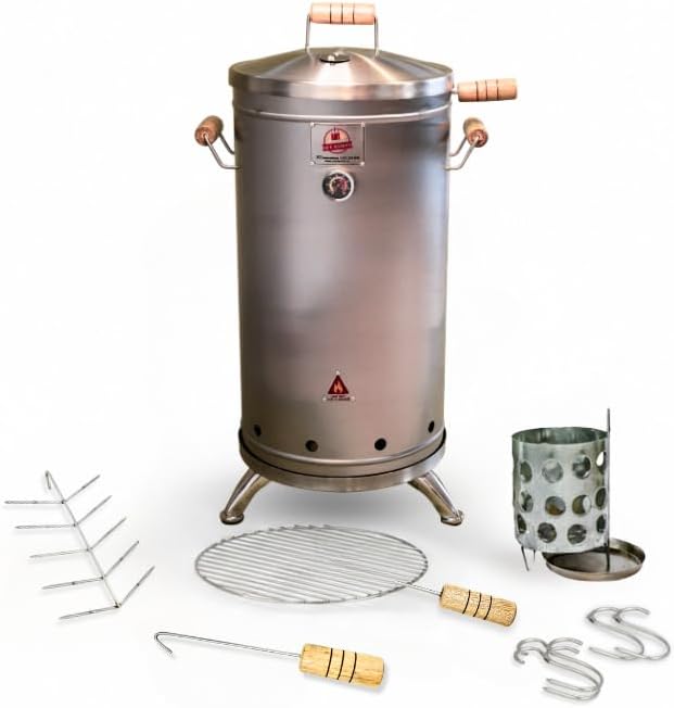 (30 Pound) 2-in-1 Smoker Barrel Vertical Grill - Premium 304 Stainless Steel - Barril Charcoal BBQ Thermometer &amp Ventilation - Cooking Accessories Meat Kit - Portable Outdoor Camping - QUE ASADOR