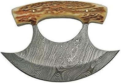 SANZ Damascus ULU Hunting Knife 5.5 Inch - Alaskan Camping Knife with Stag Handle Damascus Blade &amp Sheath - Outdoor Knife for Hunting Camping &amp Outdoor uses