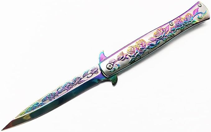 Folding Knives with 3D relief rose pattern 3.6 8Cr14Mov Steel Blade 8Cr14MovHandle Liner Lock Knife with Clip for Outdoor Camping Fishing Hunting (A1)