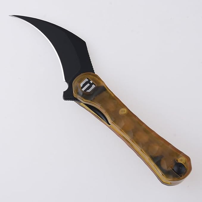 SHIELDON Scythe 2.55 Titanium Coating 154CM Steel Hawkbill Point Blade with Amber PEI Handle and Reversible Wire Clip