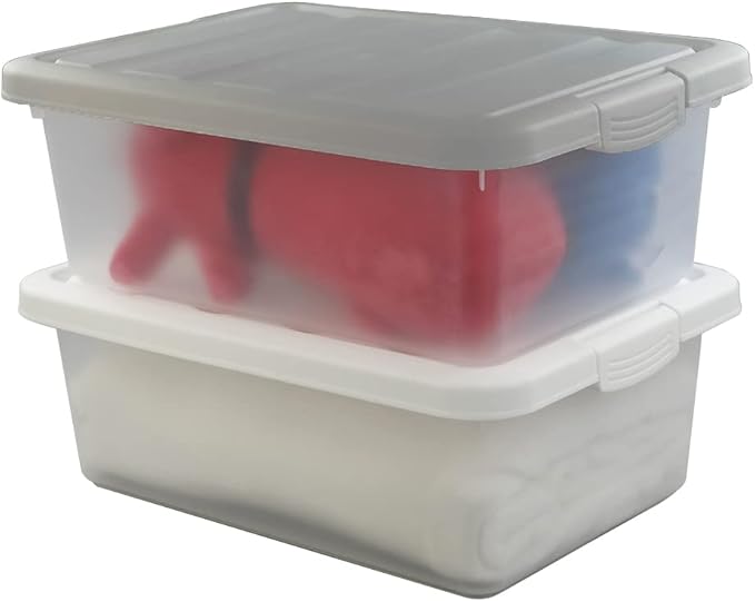 Wekioger Plastic Home Storage Bin with Grey Lid 14 Quart Frosted Clear Latching Bin 2 Packs