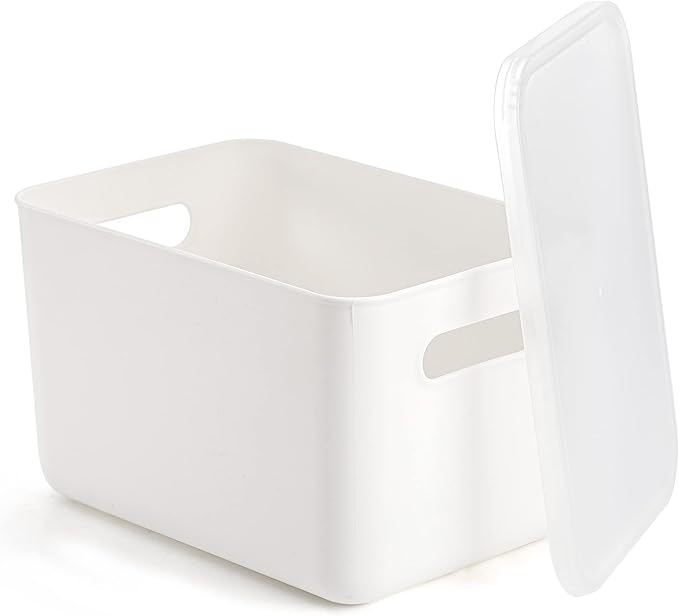 Lawei 4 Pack Plastic Storage Bins with Lid White Stackable Storage Basket Organizer Box Sturdy Containers Organizing Lidded Bins for Shelves Cabinet Desk Pantry Bedroom Book Toys