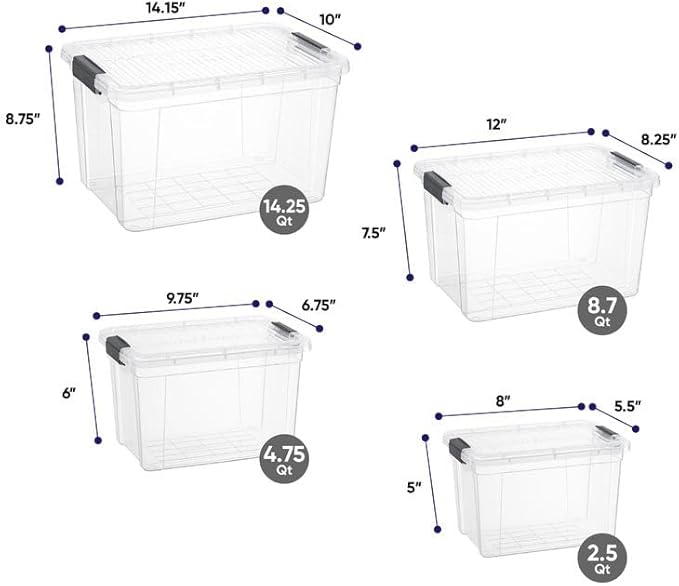 Superio Clear Storage Bins with Lids X-Deep (4 Pack) Small Organizer Box for Home Kitchen Garage- Store Food Supplies and Hair Accessories (2.5 4.75 8.7 14.25 Qt)