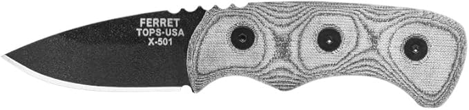 Tops Knives Ferret Full Tang Fixed Blade- Black Traction Coating Blade Finish- Black Kydex Sheath w/Neck Landyard
