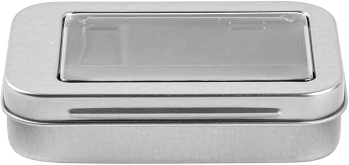 Restaurantware-RW Base 4.5 Ounce Rectangular Tin Containers 100 Durable Tin Boxes With Lids - Clear Window Lids Rounded Edges Silver Storage Containers Customizable Fits Mints Or Pills