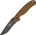 Ontario Knife Company Rat I Black Coated AUS-8 Stainless Steel Half Serrated Folding Pocket Knife Coyote Brown Nylon Handle Liner Lock Knife Everyday Carry Knife – ON8847CB