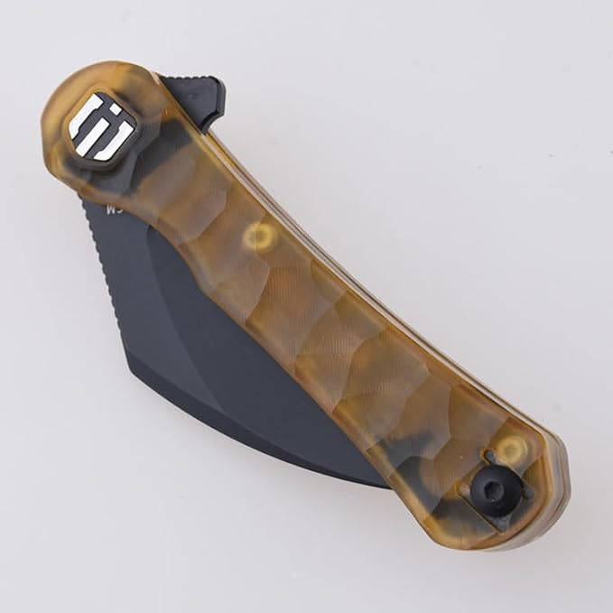 SHIELDON Scythe 2.55 Titanium Coating 154CM Steel Hawkbill Point Blade with Amber PEI Handle and Reversible Wire Clip