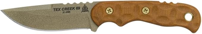 TOPS Knives Tex Creek 69 Full Tang Fixed Blade- Coyote Tan Coating Blade Finish- Brown Leather Sheath w/Belt Loop (Tan Canvas Micarta Handle)