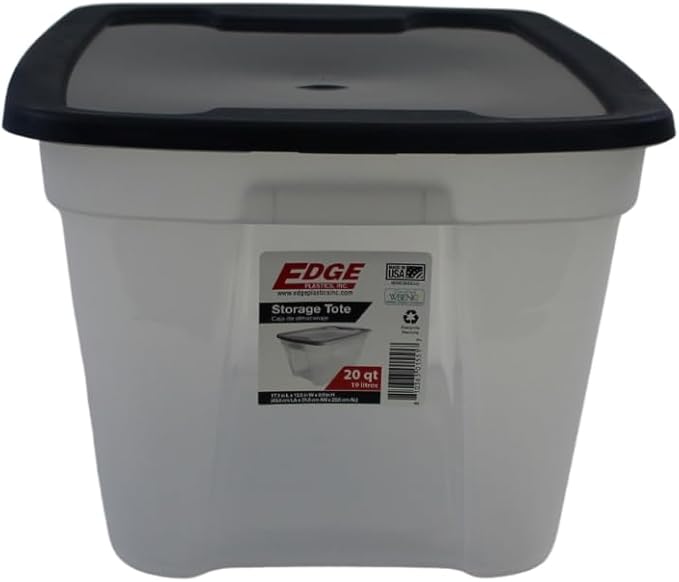 Edge Plastics 5 Gallon Classic Storage Tote 6 Pack durable storage in for home or garage with secure snap lid designed for stacking (6 Clear with Ink Lid 5 Gallon)