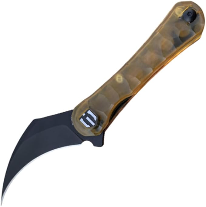 SHIELDON Scythe 2.55 Titanium Coating 154CM Steel Hawkbill Point Blade with Amber PEI Handle and Reversible Wire Clip