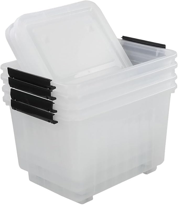 30 L Ultra Latching Box Storage Bins with Lids Clear Plastic Organizing Containers for Closet Bathroom and Office