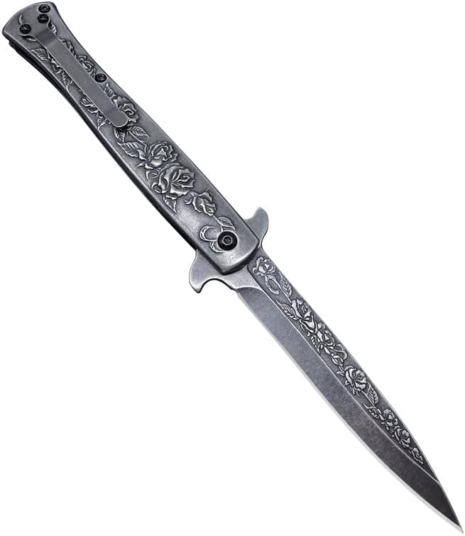 Folding Knives with 3D relief rose pattern 3.6 8Cr14Mov Steel Blade 8Cr14MovHandle Liner Lock Knife with Clip for Outdoor Camping Fishing Hunting (A3)