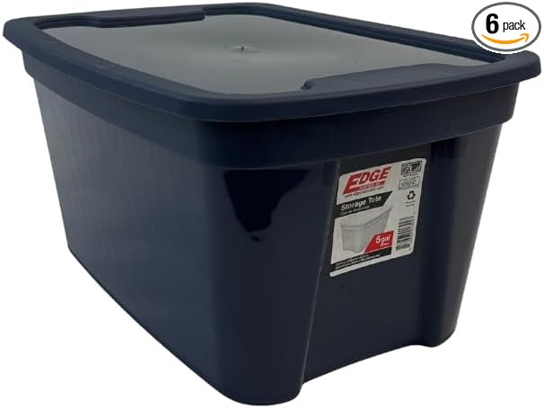 Edge Plastics 5 Gallon Classic Storage Tote 6 Pack durable storage in for home or garage with secure snap lid designed for stacking (6 Ink 5 Gallon)
