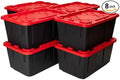 Tough 27 Gallon Plastic Storage Bin with Snap Lid Stackable Lockable Set of 8 Heavy-Duty Durable Multi-Purpose Storage Containers for Indoor &amp Outdoor Use (Red and Black)