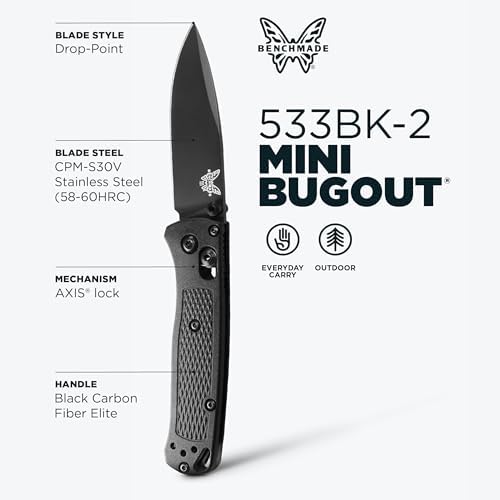 Benchmade - Mini Bugout Outdoor EDC Folding Knife Drop-Point Blade with Black Carbon Fiber Handle (533-3)